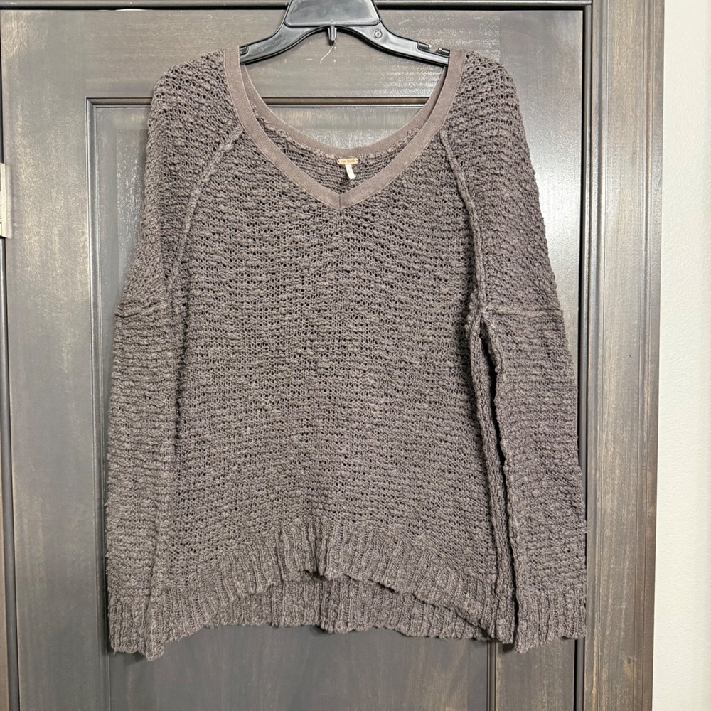 Free People Womens Taupe Brown V-Neck Open Knit Cotton Blend Sweater Size M